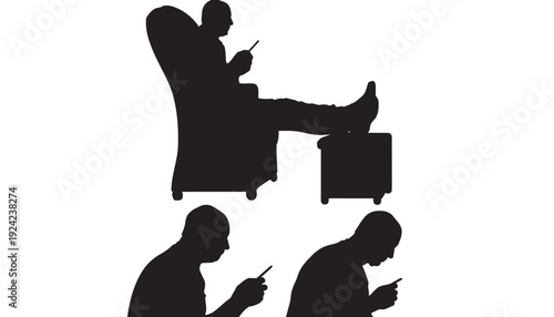 Man silhouette sitting in armchair with footrest using smartphone, relaxed lounge pose and bowed head mobile addiction concept, minimal black cutout on white background
