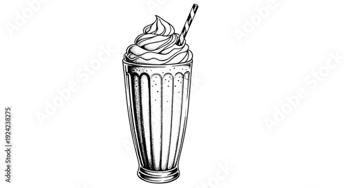 Hand drawn black and white illustration of a milkshake in a tall glass with a straw
