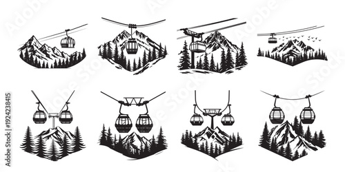 Black silhouette ski lift icons set, cable car gondola over snowy mountain peaks with pine forest, winter ski resort aerial ropeway illustrations, adventure vacation travel vector clipart bundle