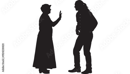 People arguing silhouette with woman gesturing and man standing defensively, conflict and confrontation concept, isolated black cutout figures on white background