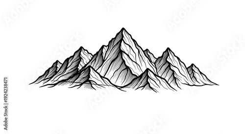 Hand drawn mountain range silhouette with detailed line work representing majestic peaks and rocky summits