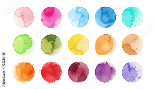 Vibrant Watercolor Circles in Various Colors on White Background.