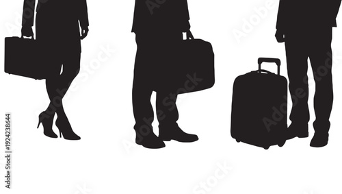 Travelers silhouette set with business people carrying suitcase and briefcase, standing poses in black isolated on white, airport commute, luggage icons