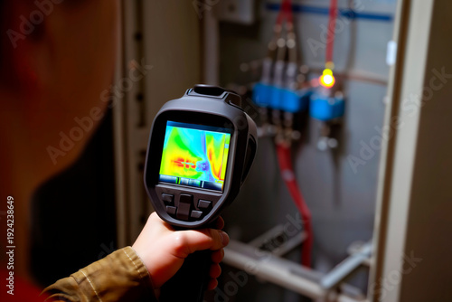 Technician using thermal imaging camera to inspect electrical panel components.