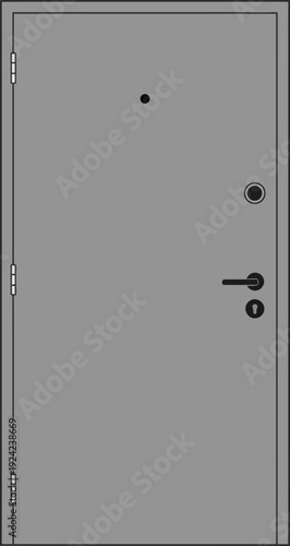 A simple, closed, grey metal door with a black handle, lock, and peephole, seen from the front.