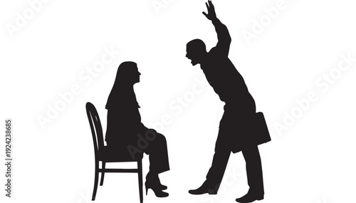 Man and woman silhouette scene with gesture of frustration and conflict featuring body language, business, workplace with office and stress elements for anxiety, tension projects, clean composition