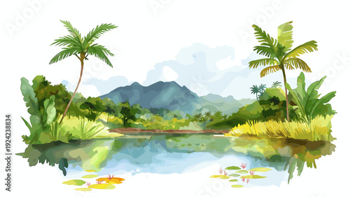 Bigi Pan Wetlands. Bigi Pan Wetlands hand drawn watercolor illustration