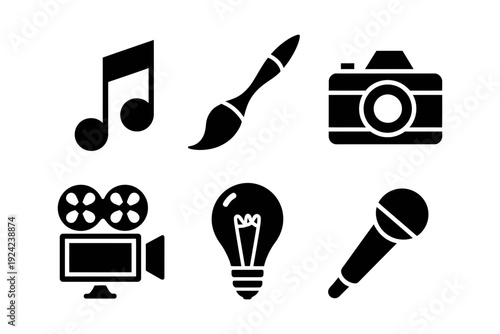 A cohesive set of black silhouette icons depicting essential tools and symbols for art, media, and innovative thought.