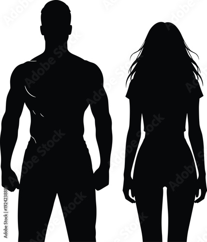 Male and female body silhouette, muscular man and woman figure vector illustration isolated on white background