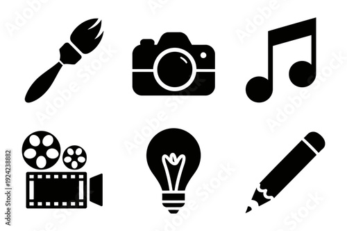 A collection of black silhouette icons representing the tools and symbols of creative processes and artistic endeavors.
