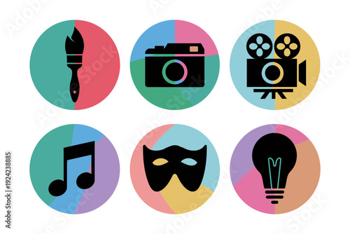 A vibrant collection of circular icons with colorful backgrounds representing creativity, media, entertainment, and ideas.