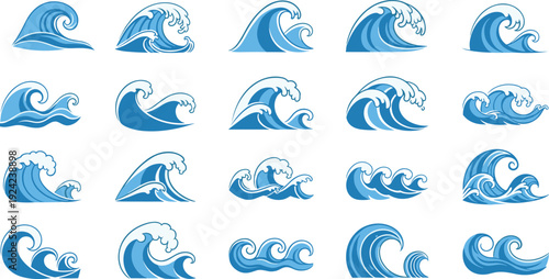 Set of stylized ocean waves in flat vector style, blue sea water illustration collection for nature, surfing, marine design