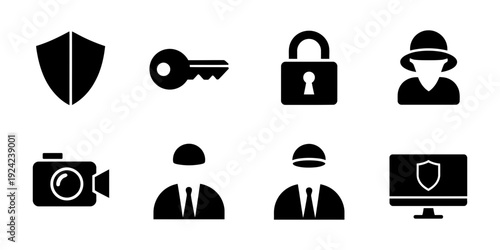 A set of black icons representing security and personnel, including a shield, key, lock, hacker, camera, and businessmen.