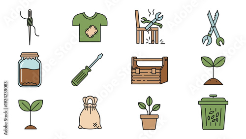 Crafting a Green World: A delightful illustration showcases a set of icons representing activities and items related to repair, growth, and sustainability.
