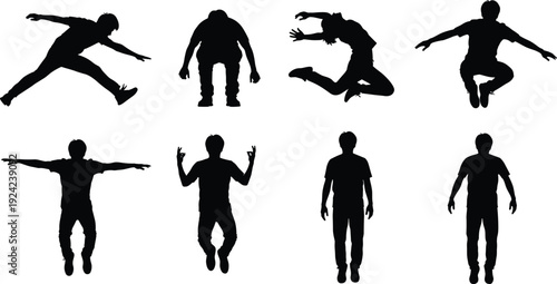 Man jumping silhouette collection set, energetic male poses isolated on white background action movement vector illustration pack