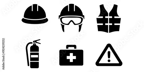 Essential black and white safety icons depicting personal protective equipment and critical emergency tools for workplace.