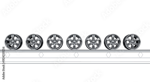 Seven identical silver and black five spoke car rims are arranged in a line on a white industrial conveyor belt platform against a background.
