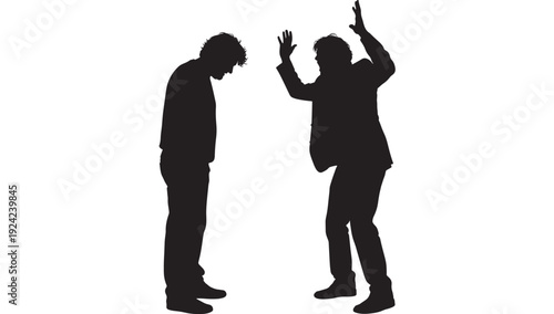 People silhouette arguing confrontation scene with one person raising hands in anger and another looking down, conflict concept isolated on white background