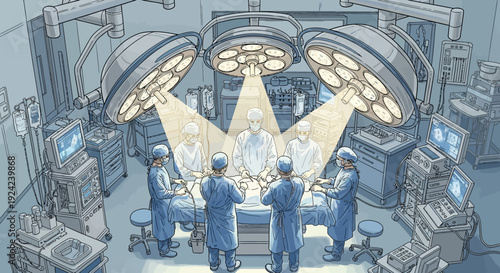 Medical professionals performing surgery under bright overhead lights illustration