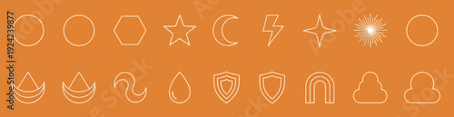 Set of white line icons on orange background representing various elements and symbols.