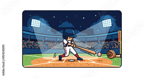 A cartoon baseball player hits a ball in a lit stadium at night.