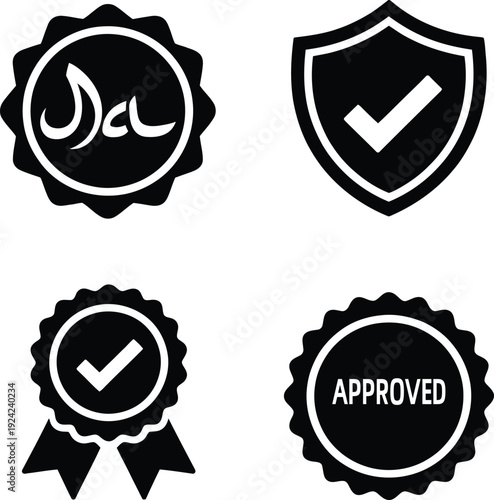 Four black and white approval icons including arabic script and checkmarks