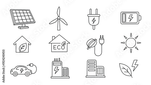 Eco-Friendly Energy Icons: A collection of clean, modern icons symbolizing the transition towards sustainable energy sources. Showcasing key elements like solar power, wind turbines.
