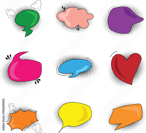 Colorful comic speech bubble icons collection with pop art style effects. Hand-drawn cartoon dialogue balloons, sound effects, and explosion shapes isolated on background. Perfect for comics, social m