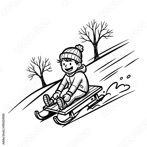 Young boy sledding down snowy hill with trees in winter scene  