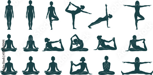 Yoga poses silhouettes set vector illustration with female body positions meditation stretching balance isolated flat design for fitness wellness