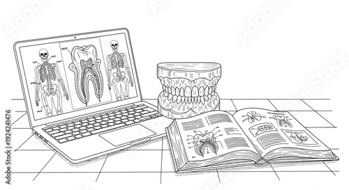 Dental anatomy study illustration with laptop model teeth and open textbook
