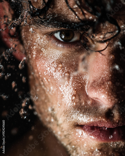 Close up of man with water splashing on face