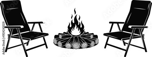 Campfire silhouette vector illustration with burning logs and outdoor chairs, black camping scene design, cozy bonfire composition isolated on white background