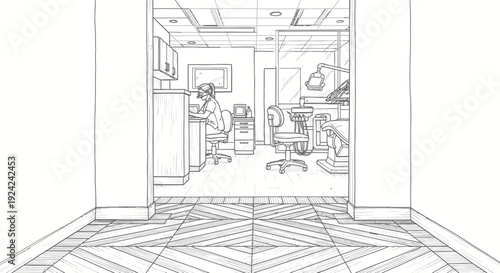 Dental office interior sketch with a patient chair and medical equipment