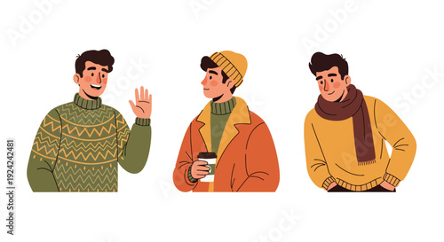 Set vector collections portrait of fashionable young men wearing autumn seasonal outfits. Trendy fall menswear portrait illustration for lifestyle, retail and fashion marketing 