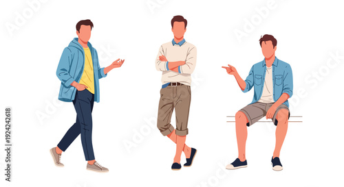 Set vector collections of men wearing spring seasonal fashion casual street outfits. Modern male spring wardrobe illustration for lifestyle and fashion branding