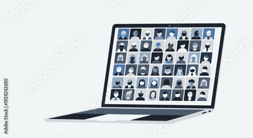 A dark gray laptop displays a grid of numerous small profile icons on its screen, representing an online meeting.