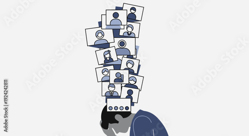 A person's head, bent forward, has a tall stack of blue and white profile icons emerging from it.