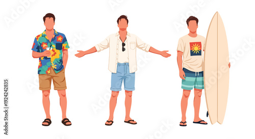 Set vector collections of young men wearing summer seasonal fashion casual streetwear. Modern male summer outfit illustration for travel, lifestyle and fashion marketing