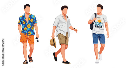 Set vector collections of young men wearing summer seasonal fashion casual streetwear. Modern male summer outfit illustration for travel, lifestyle and fashion marketing