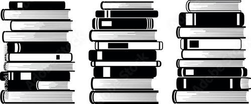 Stacked Books Illustration Icon Set Featuring Piles of Hardcover and Paperback Volumes for Education, Reading, Library, Publishing, and Knowledge Based Design Projects