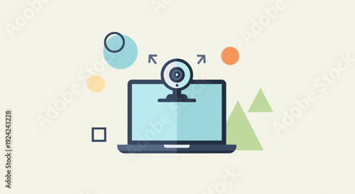 A flat illustration shows a laptop with a webcam surrounded by colorful geometric shapes.