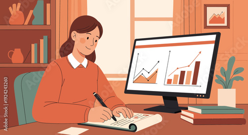 Young woman analyzing data and making notes at her desk 1.