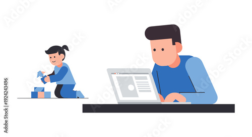 A man works on a laptop while a child plays with building blocks on a white floor.