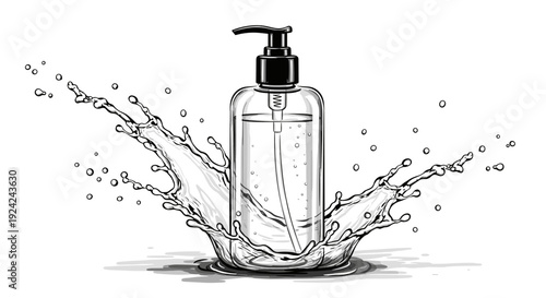 Liquid soap dispenser bottle with water splash and droplets black and white sketch vector illustration art