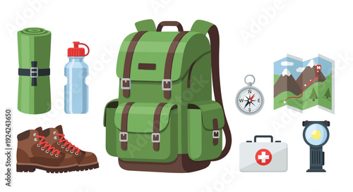 Various hiking and camping gear items are neatly arranged on a white surface.