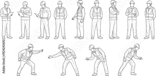 Construction workers line art set showing engineers and builders in safety helmets reviewing documents, pointing, discussing tasks, professional industrial labor poses vector illustration