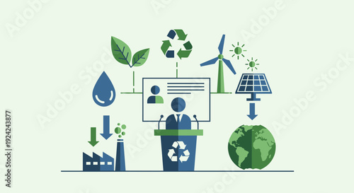 A speaker at a podium is surrounded by various interconnected environmental icons.