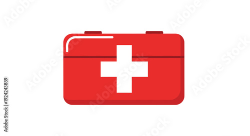 A simple red first aid kit with a white cross is displayed.