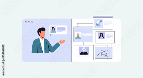 A male presenter gestures next to an organizational chart with five profile cards.